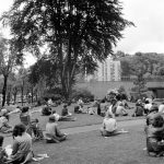 1975 image of students sitting on lawn around beech tree