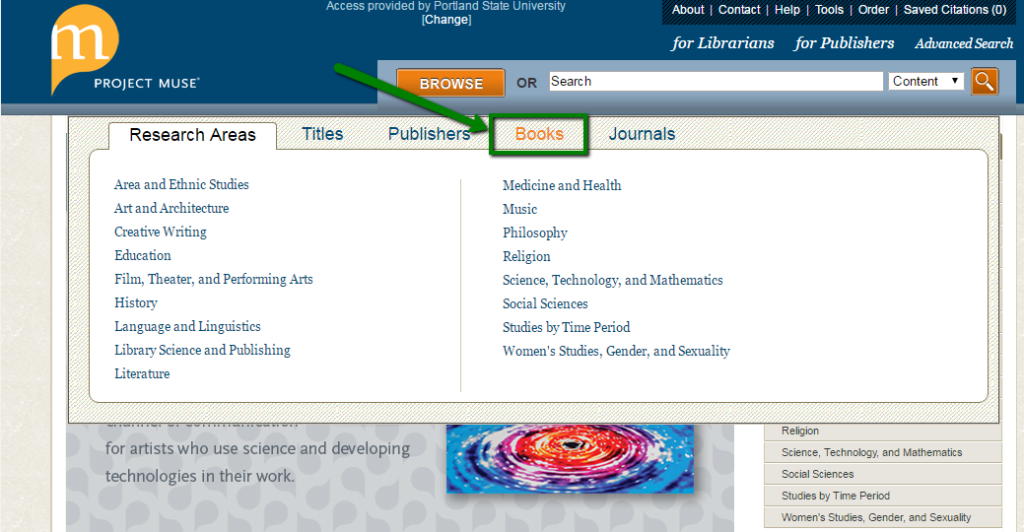 Project Muse ebooks home page, within browse menu, with Books link highlighted