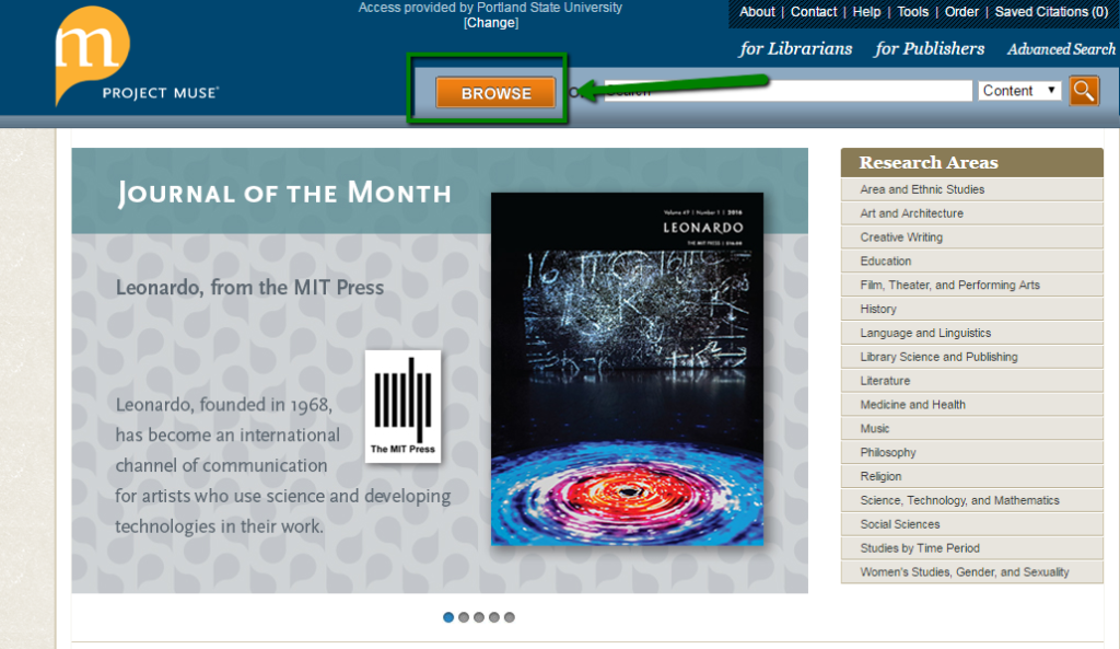 Project Muse home page, with browse button highlighted