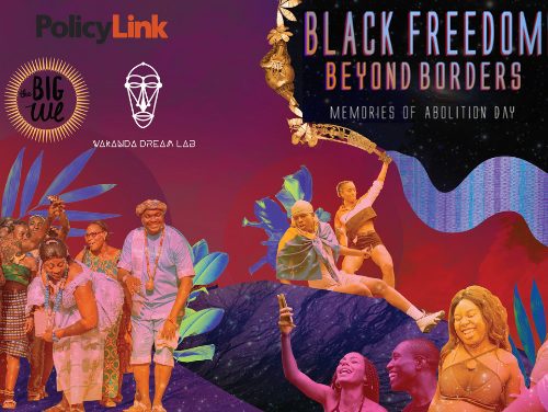 A richly colorful poster for for Black Freedom Beyond Borders: Memories of Abolition Day including Black people looking joyful and powerful.