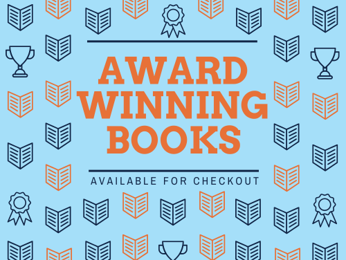 Text reads Award Winning Books surrounded by blue and orange books, medals, and trophies