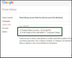 Library links setting in Google Scholar, with PSU resources checked