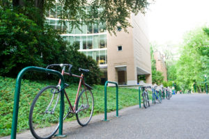 Front of the PSU Library and bike racks for spring break