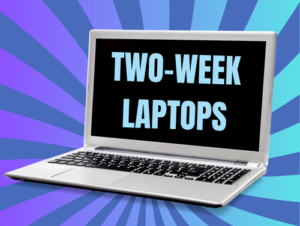 Grey and black laptop on a striped background. The laptop screen says two -week laptops.
