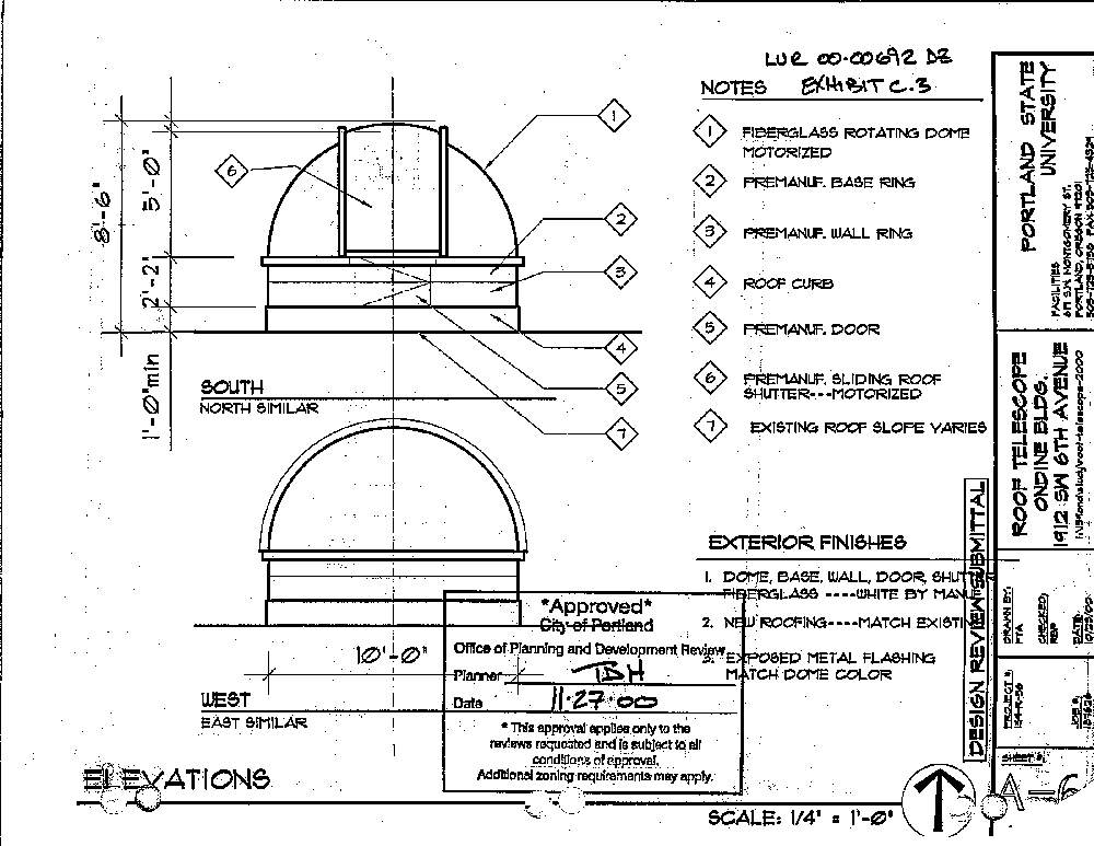 Elevations of the proposed rooftop telescope dome by PSU Architect Tom Arnich (2000).