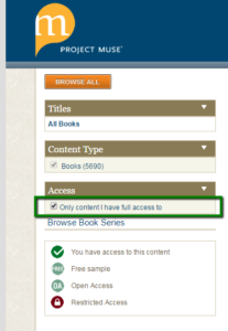 Project Muse ebooks option to select "only content I have full access to" is turned on