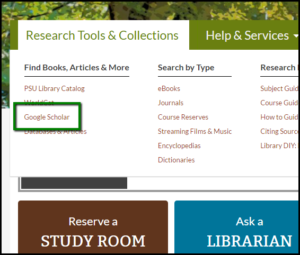 PSU Library website area for Research Tools & Collections with Google Scholar link highlighted