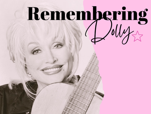 Dolly Parton smiles with a guitar, text reads Remembering Dolly