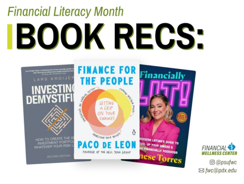 Three book covers about finance and investing and the text Financial Literacy Month Book Recs