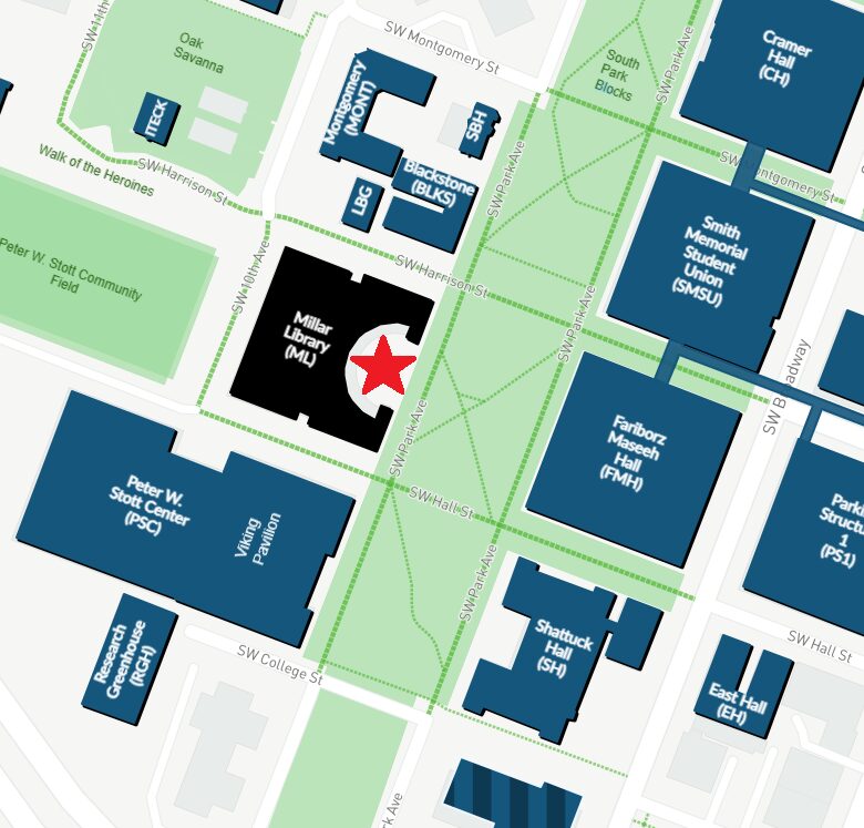 PSU Campus map with a red star highlighting the location of the PSU Millar Library building between Hall St. and Harrison St. on the Park Blocks.