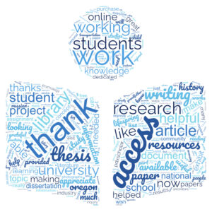 reader icon word cloud - top words used in feedback: research, access, thank, work, information, library, students, thesis, article, working, writing, helpful, resources, university, student