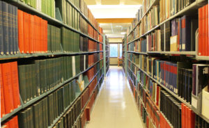 Shelves in the library, available during spring break