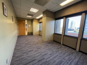 A long empty room with windows and carpeted floor.