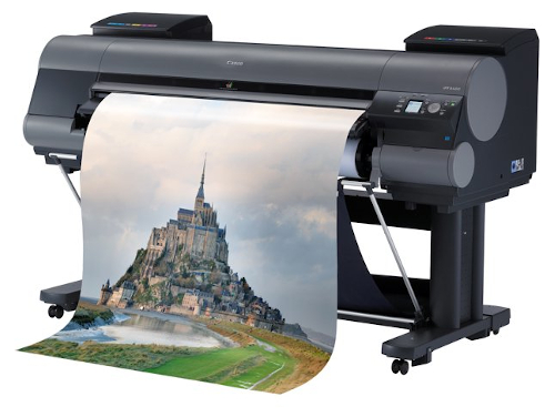 wide-format printer printing a poster of a monument